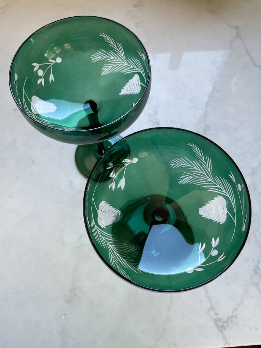 Two Christmas Etched Coupe Cocktail Glasses - Set of Two